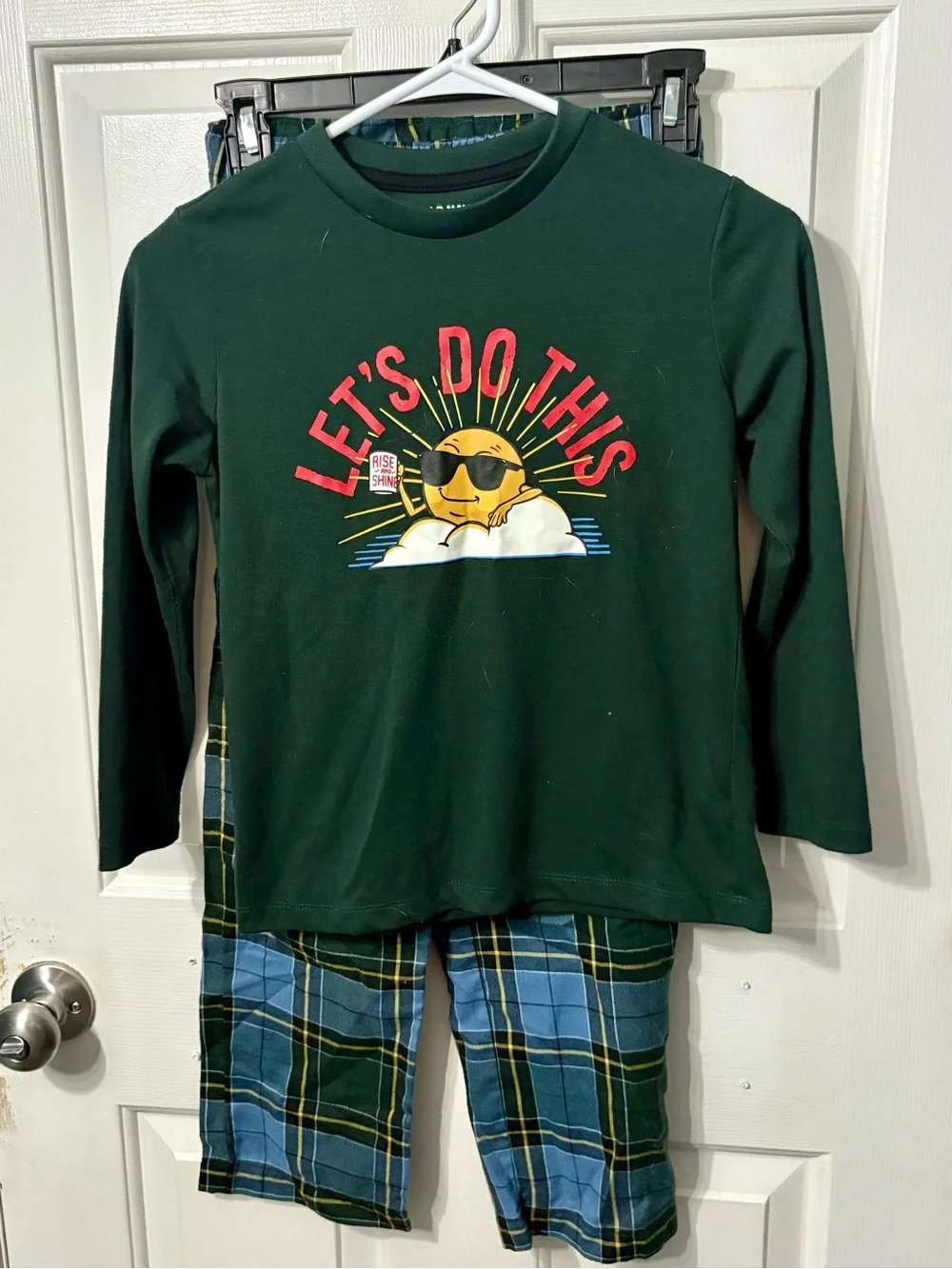 Old Navy Dark Green 'Let's Do This' Pajama Set with Blue Plaid Pants